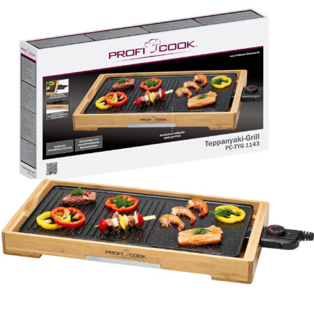Profi Cook 1143 Teppanyaki Scratch-Resistant Ceramic Coating, Fully Adjustable Thermostat, Removable Stainless Steel Grease Tray, Wood Grill (Black)
