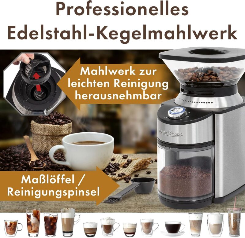 ProfiCook® PC-EKM 1205 Electric Coffee Grinder with Stainless Steel Cone Grinder, Coffee Grinder with 16 Grinding Settings, Coffee Grinder for up to 230 g Coffee Beans, with Electric Timer - Image 2