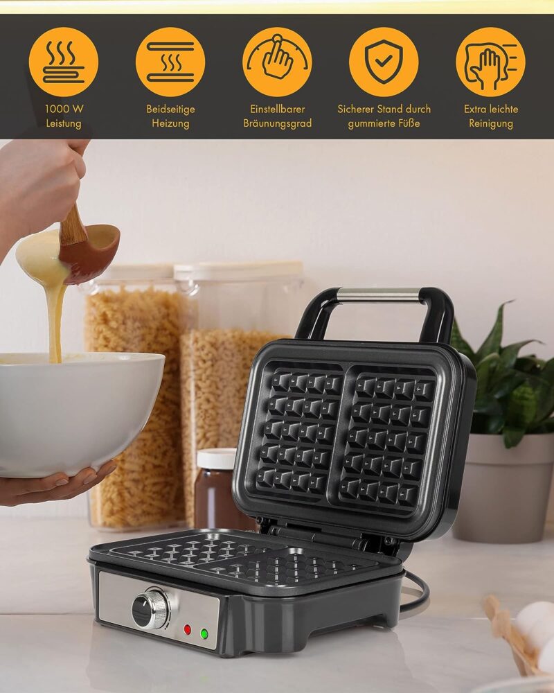 ProfiCook PC-WA 1240, 501240 Waffle Iron for Belgian Waffles with 2 Baking Surfaces, 1000 Watt, Non-Stick Coating, Stainless Steel, Continuously Selectable Browning Degree - Image 4