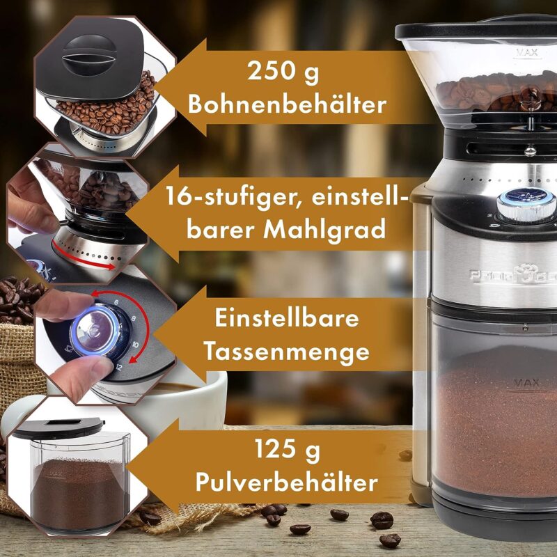 ProfiCook® PC-EKM 1205 Electric Coffee Grinder with Stainless Steel Cone Grinder, Coffee Grinder with 16 Grinding Settings, Coffee Grinder for up to 230 g Coffee Beans, with Electric Timer - Image 4