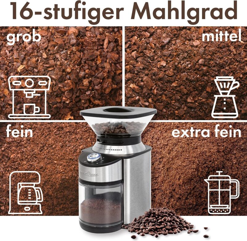 ProfiCook® PC-EKM 1205 Electric Coffee Grinder with Stainless Steel Cone Grinder, Coffee Grinder with 16 Grinding Settings, Coffee Grinder for up to 230 g Coffee Beans, with Electric Timer - Image 5