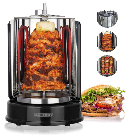 شواية دونر منزلية من Heinrichs، شواية كباب، شواية دجاج دوّارة، شواية كهربائية دوّارة، باربكيو، تشمل 6 أسياخ كباب – HDG8687