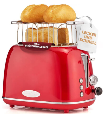 Profi Cook PC-TA 1193 Toaster 2-Slice Toaster, Vintage Look, Stainless Steel Housing, Bun Attachment, Adjustable Browning Degree, Centring Function, Crumb Drawer, Red (RED)