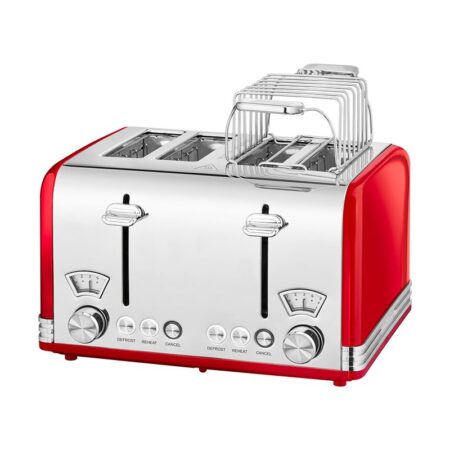 ProfiCook PC-TA 1194 4-Slice Toaster, Vintage Look, Stainless Steel Housing, Bun Attachment, Fully Adjustable Browning Degree, Centering Function, Crumb Drawer,Red, Stainless Steel/Red