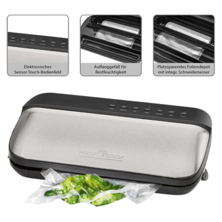 ProfiCook PC-VK 1134 Vacuum Sealer, Food Fresh 8x Longer, 24 Litres/Min, Electronic Vacuum Regulation (4 Levels), Stainless Steel Housing