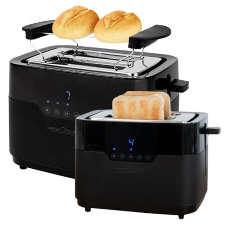 ProfiCook Toaster 2 Slices with Bun Attachment and Extra Wide Toast Slot, Defrost Function, 7 Adjustable Browning Levels, Stainless Steel, Even Toaster, Black Matt, PC-TA 1244