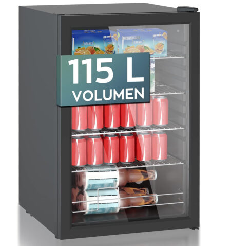 Heinrichs, Mini Fridge with Glass Door, Compact and Quiet: 41 dB, LED Interior Lighting, Perfect for Office, 5 to 18 °C, Black (115 Litres/4 Shelves/41 db) [Energy Class E] ( HKG 3115 ) Brand: Heinrich´s