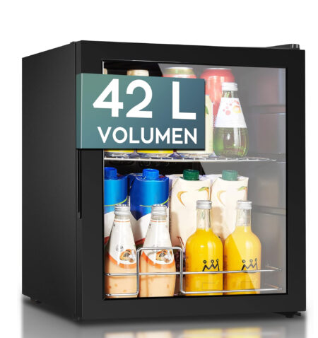 Heinrich´s Drinks Fridge, Mini Fridge with Glass Door, Compact and Quiet: 40 dB, LED Interior Lighting, Perfect for Office, Camping, 5 to 18 Degrees, (42 Litres/1 Shelf/40 db) [Energy Class E] HKG 3142