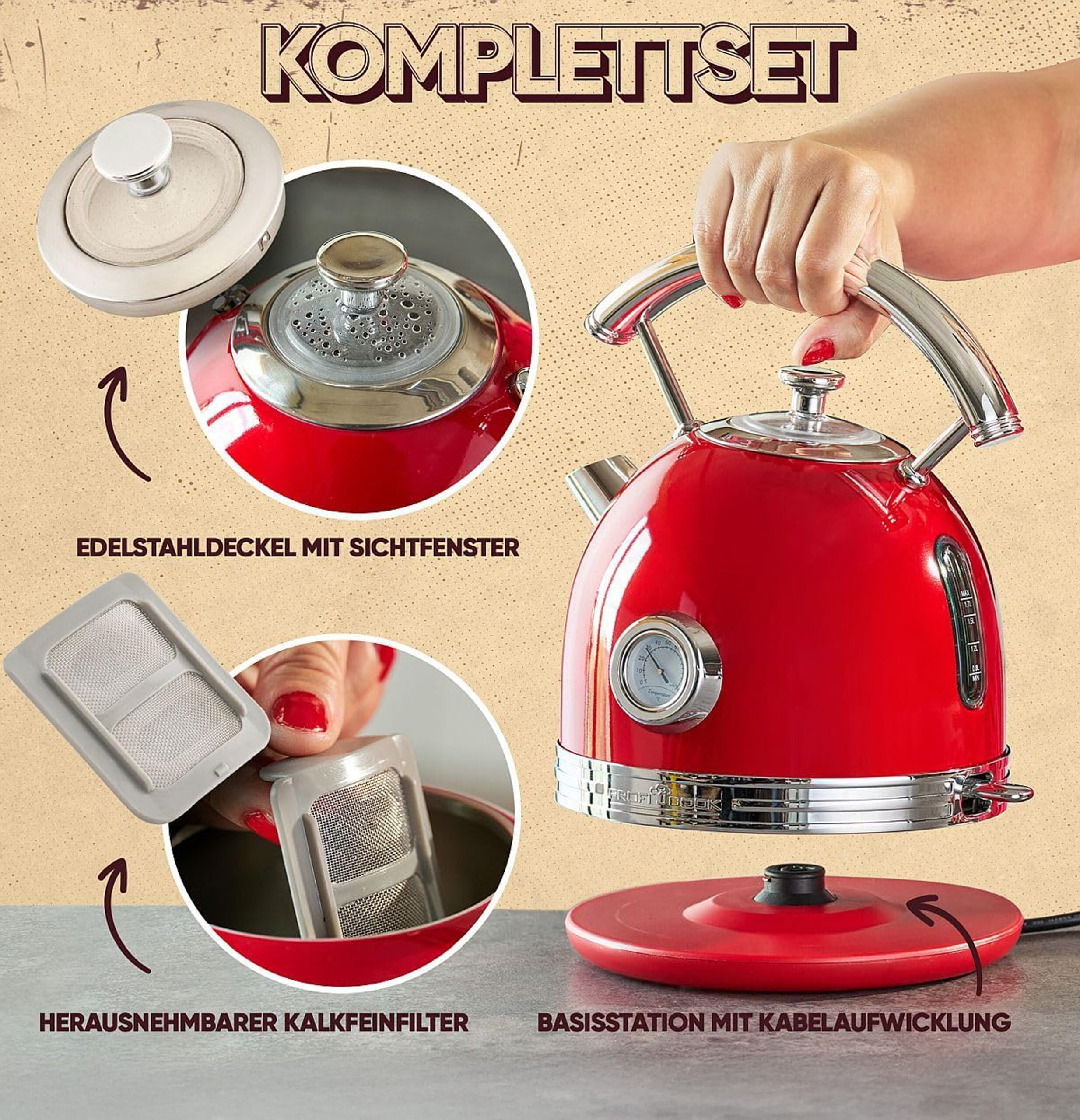Profi Cook Water kettle vintage PC-WKS 1192 red-6