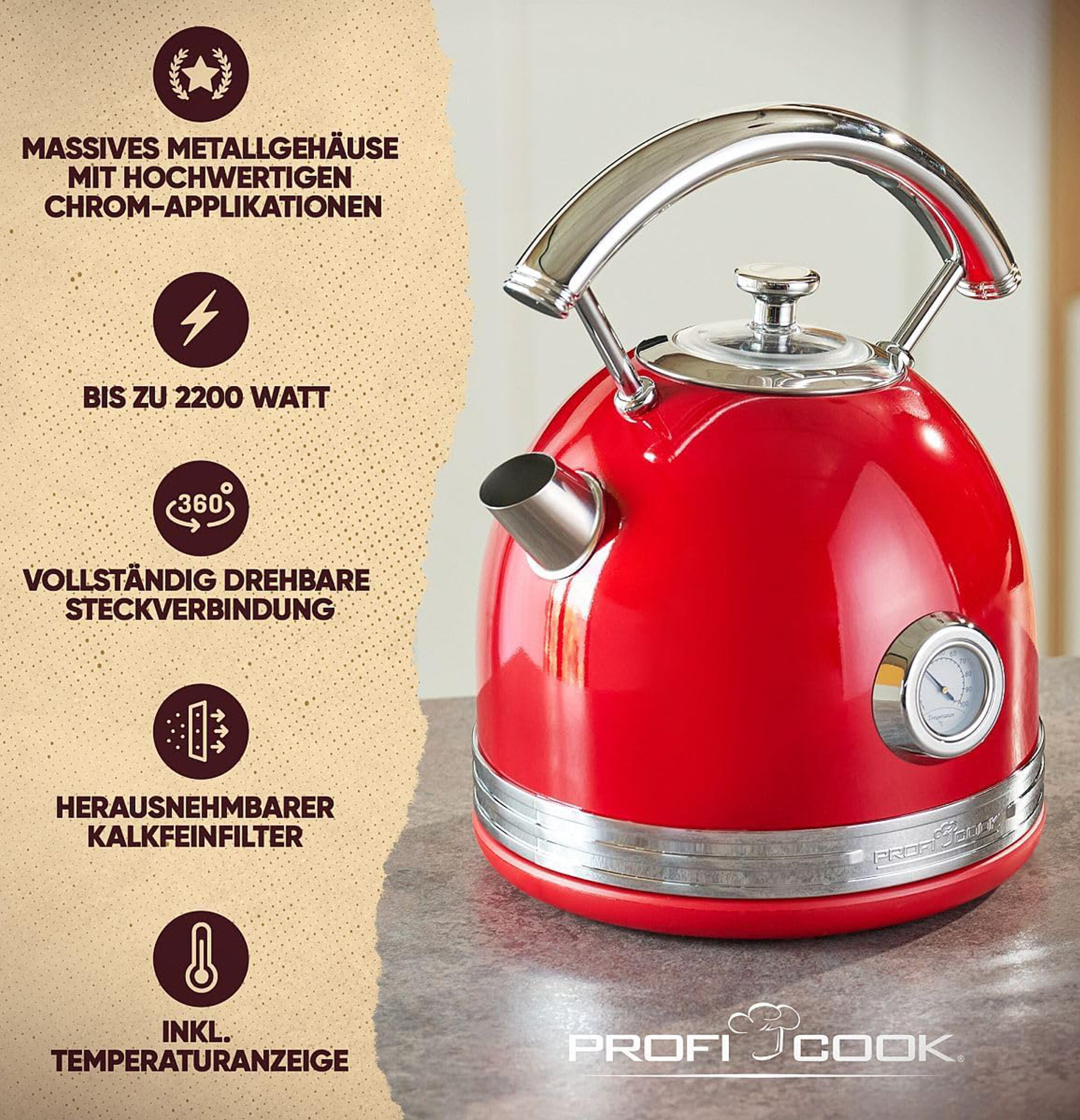 Profi Cook Water kettle vintage PC-WKS 1192 red-7
