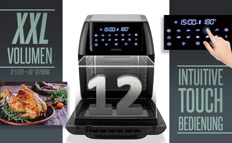 Heinrichs 12 Liter Hot Air Fryer With Digital LED and LCD Touch Display, 8 Programmes, 1800W, Stainless Steel, Timer Function (12 L XXL) (HFR 8206) - Image 11
