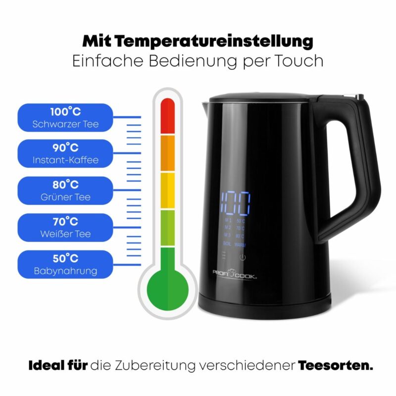 ProfiCook® Kettle with Temperature Setting 1.7 L, Temperature Selection 50°-100°C, Set & Is Temperature Display, Keep Warm Function, BPA-Free, Tea Maker with Temperature Setting | PC WKS 1243 - Image 3