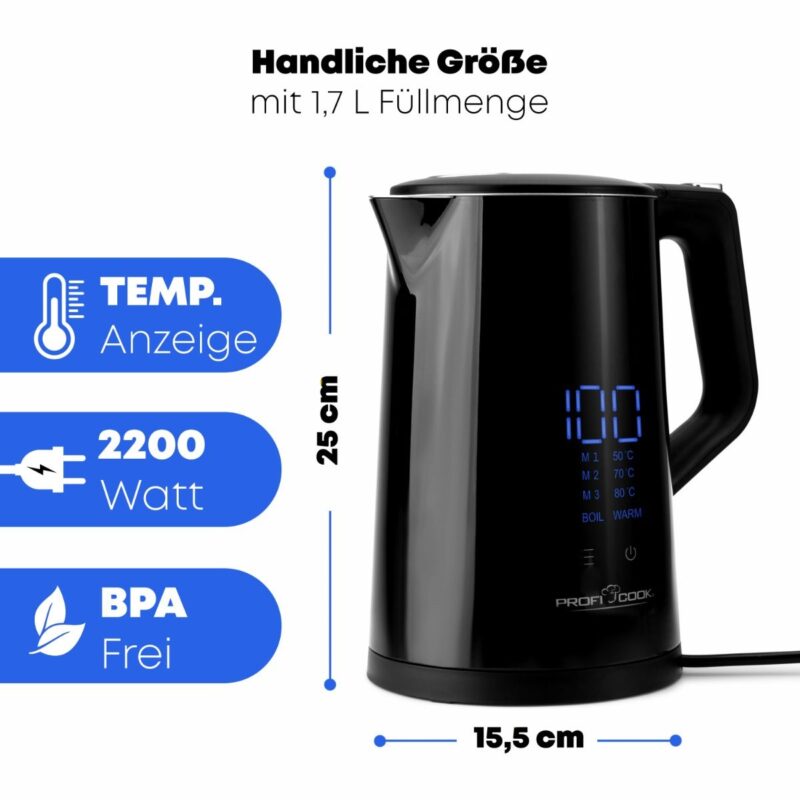 ProfiCook® Kettle with Temperature Setting 1.7 L, Temperature Selection 50°-100°C, Set & Is Temperature Display, Keep Warm Function, BPA-Free, Tea Maker with Temperature Setting | PC WKS 1243 - Image 5