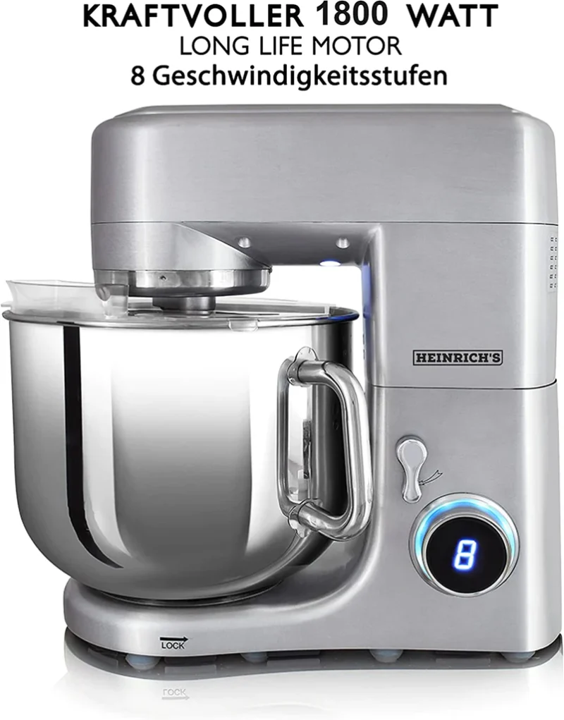 ⁦آلة عجن الطعام **HEINRICHS HKM 8110** مزودة بوعاء من الستانلس ستيل بسعة **11 لترًا**، قدرة قوية **1800 واط**، خطاف عجن حاصل على براءة اختراع، شاشة **LCD** مع 8 مستويات، متعددة الوظائف لعجن وتحضير العجين بكفاءة عالية.⁩ - الصورة ⁦4⁩