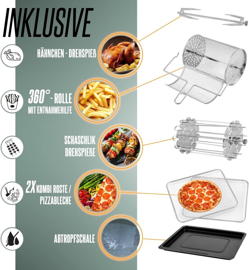 Heinrichs 12 Liter Hot Air Fryer With Digital LED and LCD Touch Display, 8 Programmes, 1800W, Stainless Steel, Timer Function (12 L XXL) (HFR 8206) - Image 4