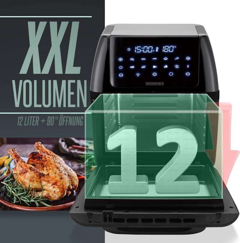 Heinrichs 12 Liter Hot Air Fryer With Digital LED and LCD Touch Display, 8 Programmes, 1800W, Stainless Steel, Timer Function (12 L XXL) (HFR 8206) - Image 5
