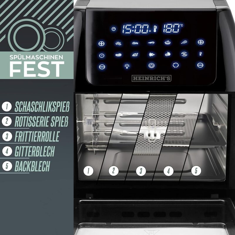 Heinrichs 12 Liter Hot Air Fryer With Digital LED and LCD Touch Display, 8 Programmes, 1800W, Stainless Steel, Timer Function (12 L XXL) (HFR 8206) - Image 6