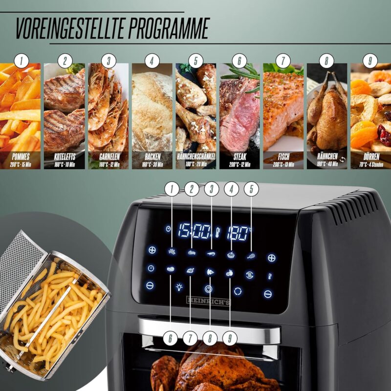 Heinrichs 12 Liter Hot Air Fryer With Digital LED and LCD Touch Display, 8 Programmes, 1800W, Stainless Steel, Timer Function (12 L XXL) (HFR 8206) - Image 10