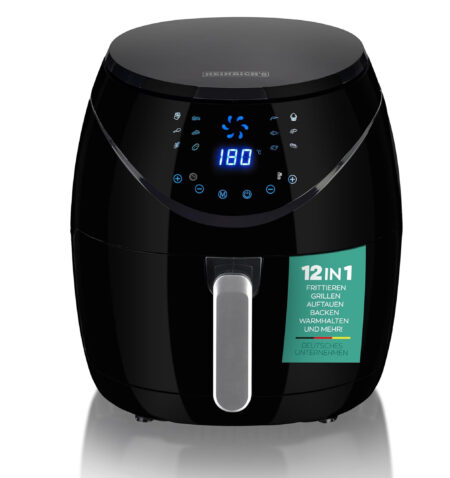 قلاية هوائية ساخنة Heinrich's HFR 8204 من الستانلس ستيل، مزودة بشاشة LED رقمية مع شاشة لمس LCD، تحتوي على 8 برامج طهي، بقدرة 1800 واط، وسعة كبيرة 7 لتر XXL. تعمل بدون زيت، مزودة بوظيفة المؤقت لسهولة التحكم.
