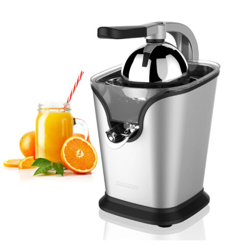 عصارة فواكه كهربائية من HEINRICHS HZP 8692 ، مصنوعة من الستانلس ستيل ، مزودة بوظيفة إيقاف تدفق العصير (Flow Stop) ، ذراع احترافي للتحكم، مقاومة للصدأ، مع ملحق عالمي لعصر الحمضيات والرمان ، قدرة 100 واط، طراز 92 Chrome