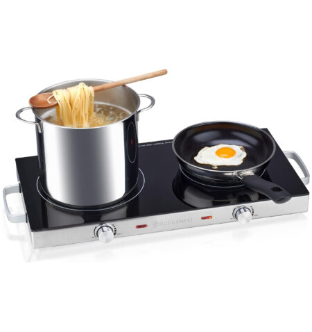 موقد زجاجي سيراميكHeinrichs HDK 8696 مزدوج مع تسخين بالأشعة تحت الحمراء، يحتوي على موقدين كهربائيين، مناسب لجميع أنواع القدور والمقالي، قدرة إجمالية 2800 واط، مثالي للتخييم، المكتب، المطبخ أو الاستخدام الخارجي.