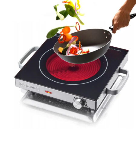 موقد زجاجي سيراميك HEK 8695 مع تسخين بالأشعة تحت الحمراء، موقد كهربائي مناسب لجميع أنواع القدور والمقالي، قدرة 2000 واط  مثالي للتخييم، المكتب، المطبخ أو الاستخدام الخارجي، قطعة واحدة.