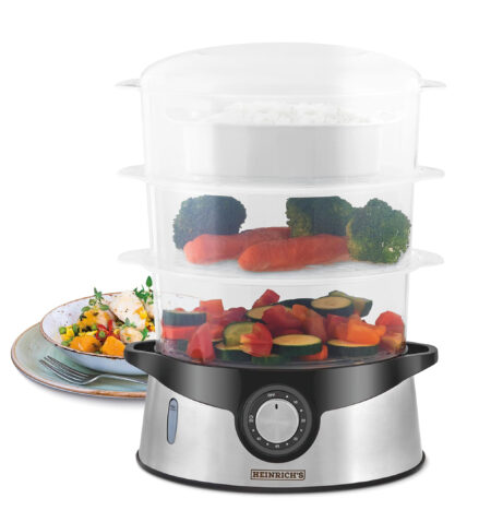 جهاز الطهي بالبخار من هيـنريش، 3 أوعية قابلة للتكديس، خالٍ من مادة BPA، آمن للغسل في غسالة الصحون، سعة 9 لترات، يحتوي على وعاء أرز/طباخة أرز، جهاز طبخ بالبخار مع مؤقت من 0–60 دقيقة، قدرة 800 واط، ستانلس ستيل HDA 8501