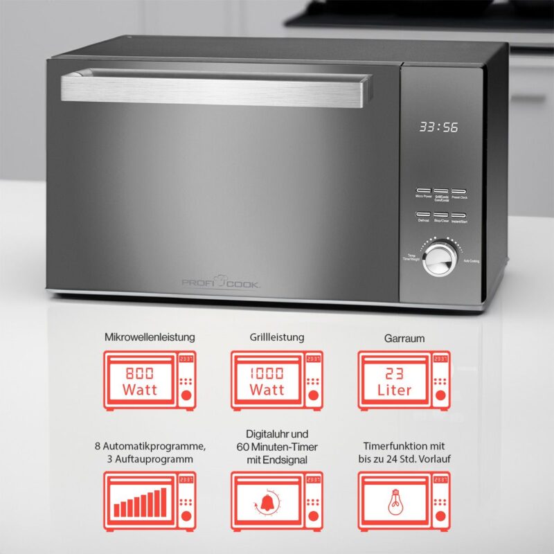 ProfiCook PC-MWG 1204 Microwave with Grill, 23L, 800W Microwave, 1000W Grill, Double Glazed Vertical Door, Stainless Steel Handle, Black - Image 4