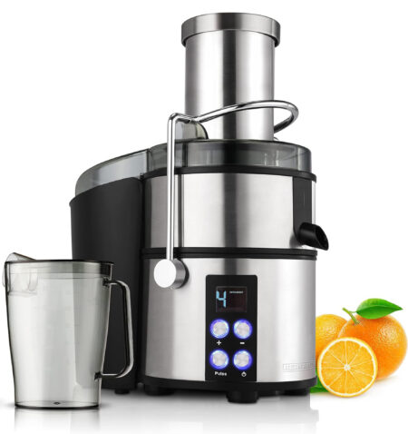 الاسم يُترجم كالتالي: **عصارة هاينريش للفواكه والخضروات – ستانلس ستيل، 800 واط، رقمية، 4 سرعات، مزودة بوعاء عصير سعة 1.1 لتر، وظيفة مانع للتقطير، فتحة تعبئة كبيرة 87 مم، ووعاء مخلفات بسعة 2 لتر – الموديل HPJ 8694**