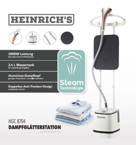 مكواة بخار عمودية احترافية من Heinrich، موديل HGC 8704، باللون الأبيض، قدرة 1800 واط