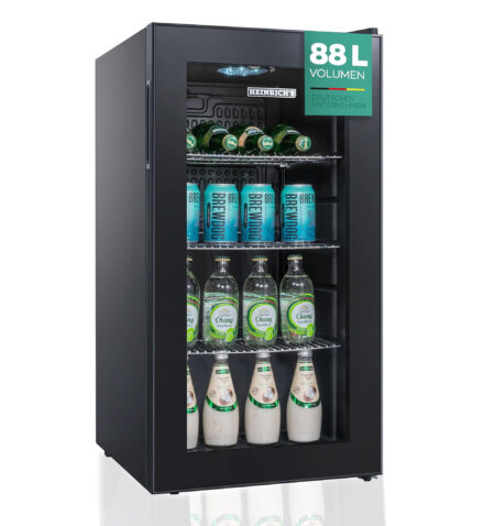 Heinrich´s Drinks Fridge, Mini Fridge with Glass Door, Compact and Quiet: 40 dB, LED Interior Lighting, Perfect for Office, Camping 4 to 18 °C, (88 Litres/3 Shelves/40 db) [Energy Class D] HGK 3288