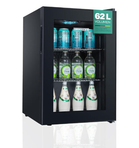 Heinrich´s Drinks Fridge, Mini Fridge with Glass Door, Compact and Quiet: 40 dB, LED Interior Lighting, Perfect for Office, Camping 4 to 18 °C, (62 Litres/2 Shelves/40 db) [Energy Class D] HKG 3262