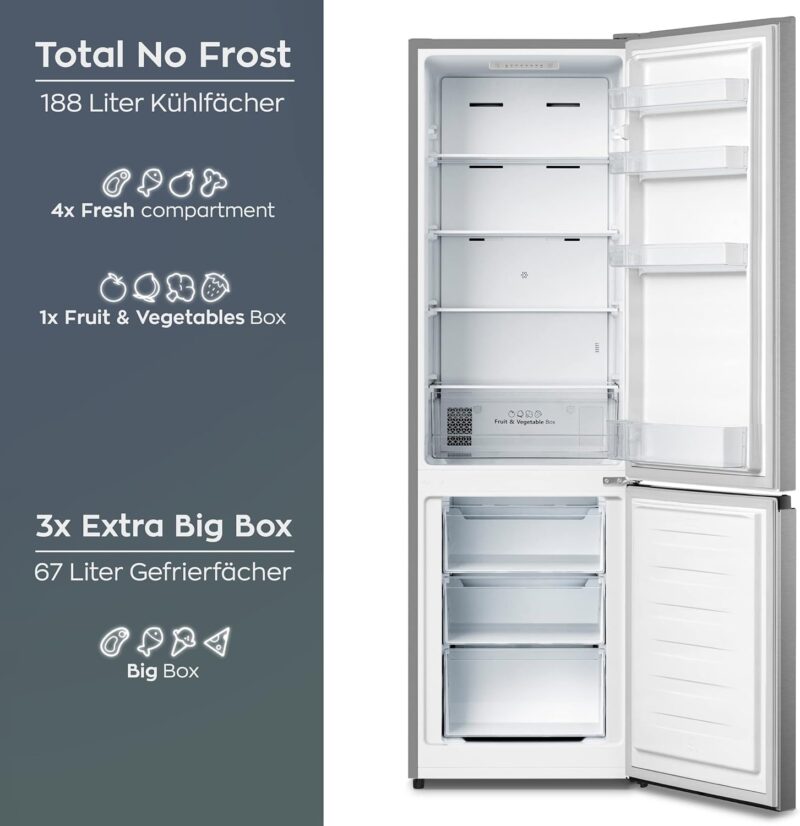 Heinrich´s Fridge Freezer Combination 304 Litres, Cooling Volume 207 L, Freezer 97 L, LED Interior Lighting, Fridge Door Hinge, Changeable, Quiet 39 dB, No Frost, Temperature Touch Operation, inox [Energy Class E] HKS 3094