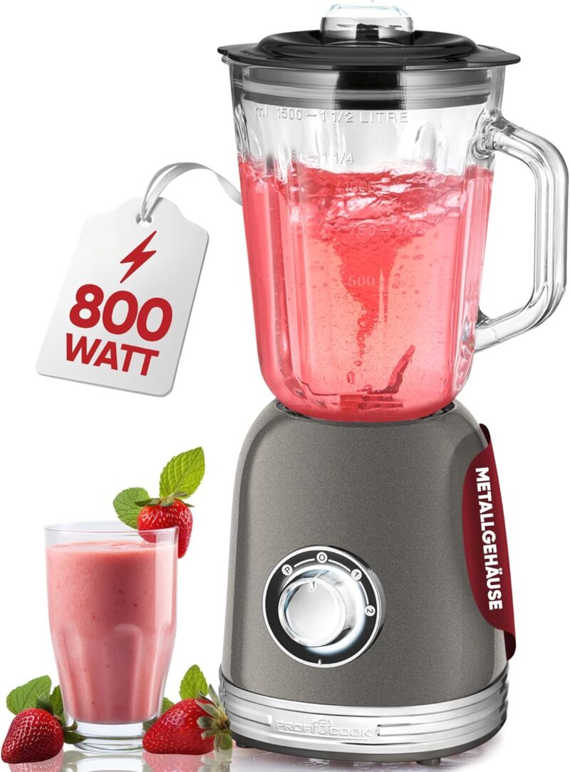ProfiCook® Blender Stand Mixer with Solid 1.5 L Glass Container, Ice Crush & Turbo Mode, Blender with 4x Piranha Knife Made of Stainless Steel, High-Performance Mixer with Metal Housing 800 W, PC UM 1195 Anthracite - Image 2