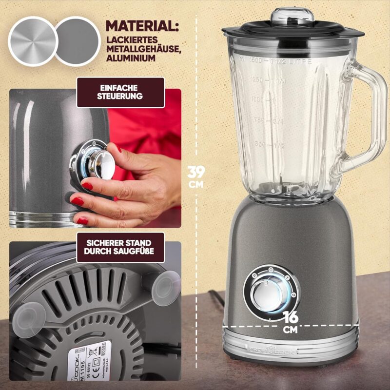 ProfiCook® Blender Stand Mixer with Solid 1.5 L Glass Container, Ice Crush & Turbo Mode, Blender with 4x Piranha Knife Made of Stainless Steel, High-Performance Mixer with Metal Housing 800 W, PC UM 1195 Anthracite - Image 8