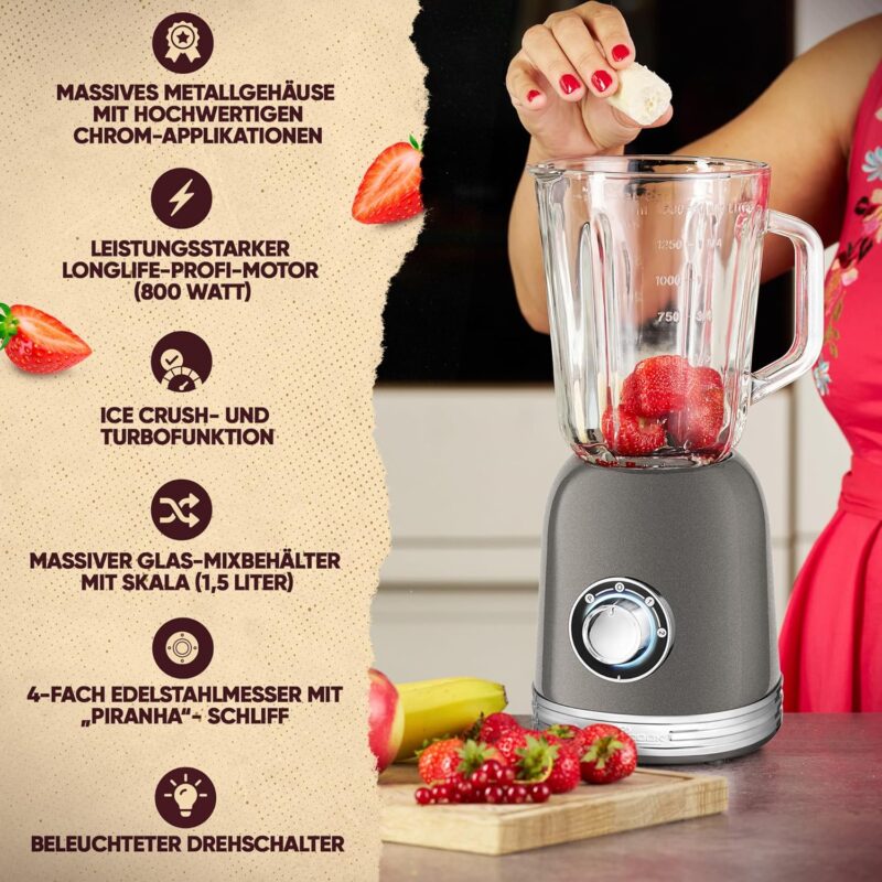 ProfiCook® Blender Stand Mixer with Solid 1.5 L Glass Container, Ice Crush & Turbo Mode, Blender with 4x Piranha Knife Made of Stainless Steel, High-Performance Mixer with Metal Housing 800 W, PC UM 1195 Anthracite - Image 4