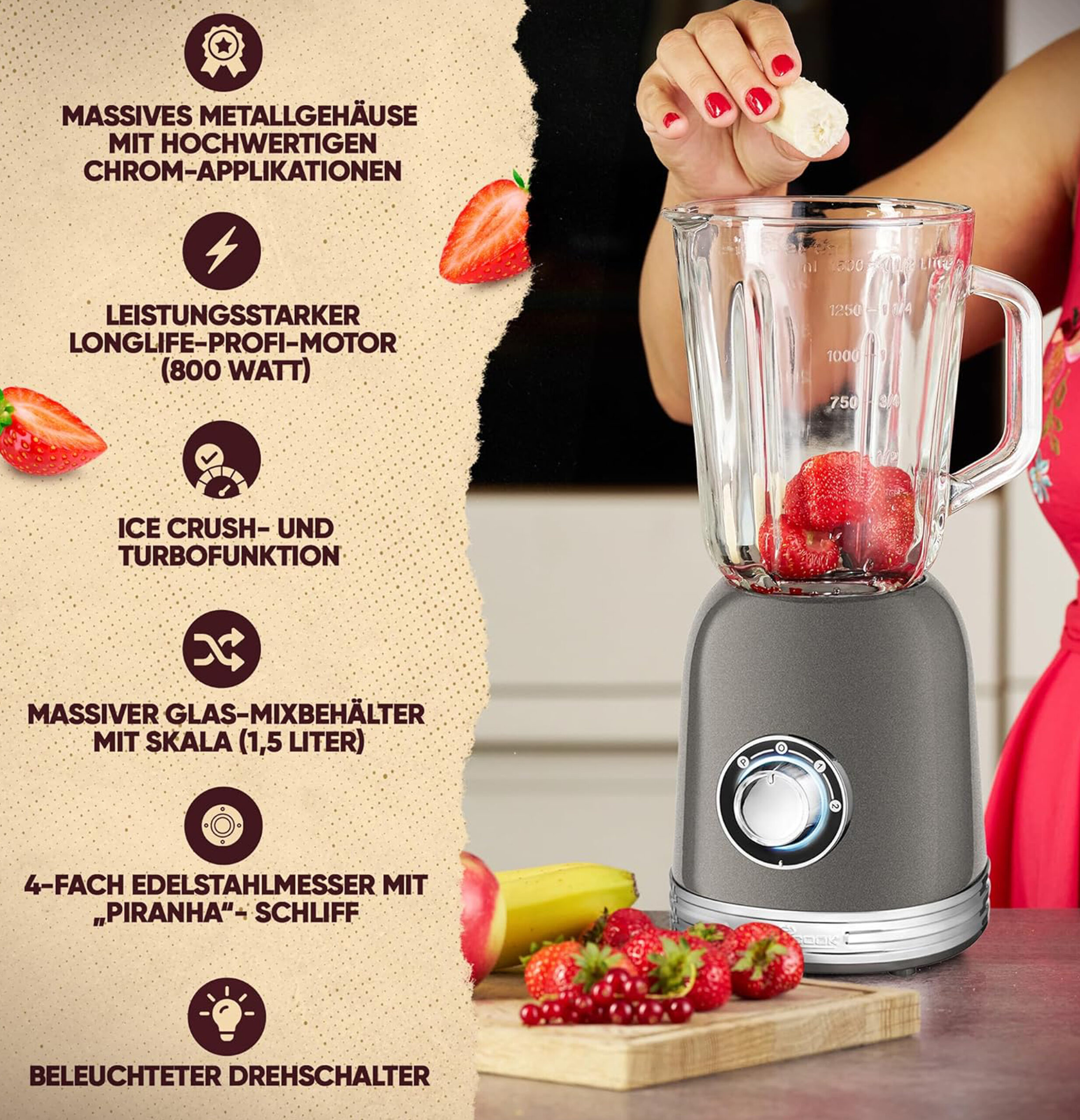 ProfiCook Blender Stand Mixer with Solid 1.5 L Glass Container-2