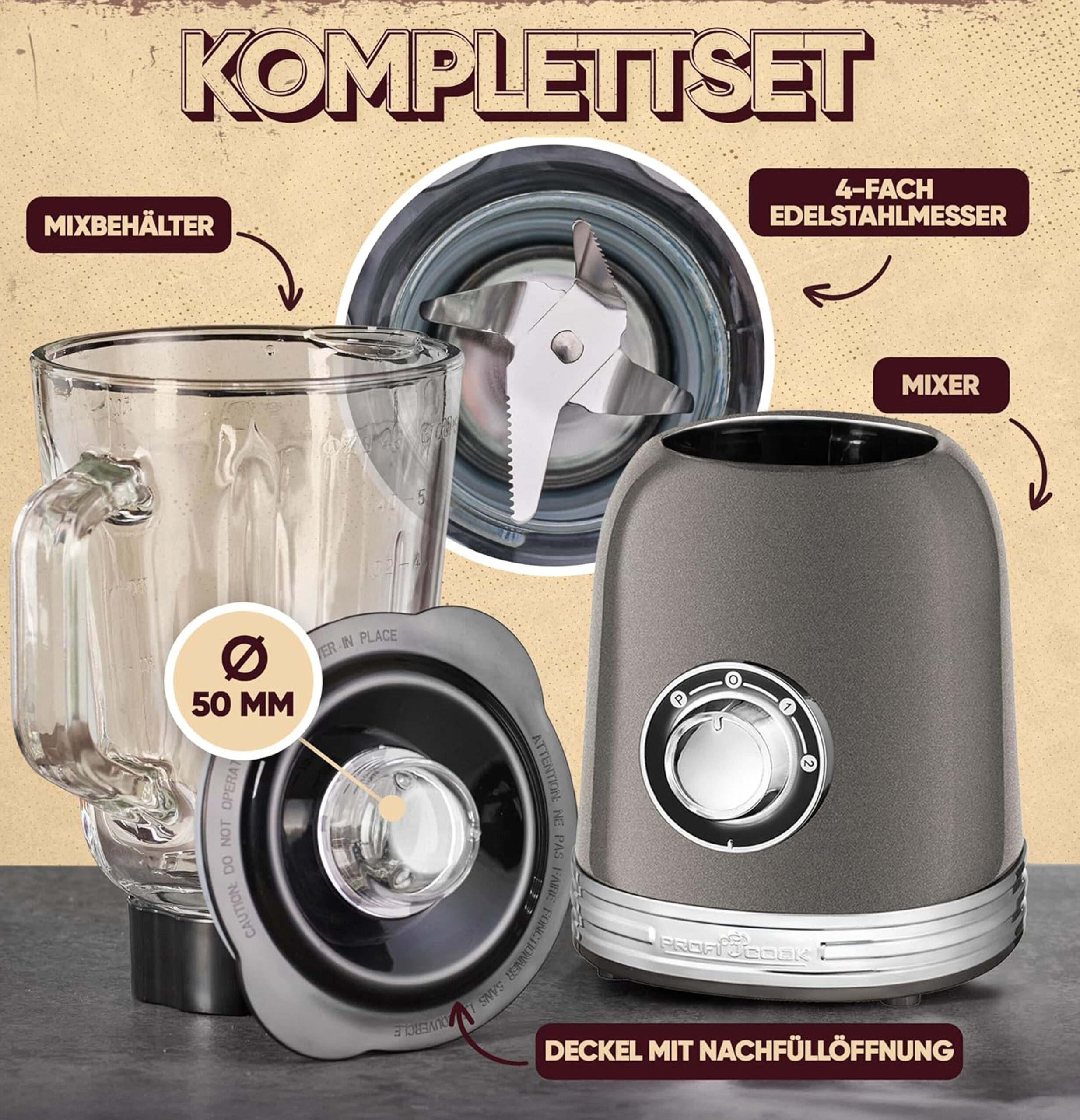 ProfiCook Blender Stand Mixer with Solid 1.5 L Glass Container-3