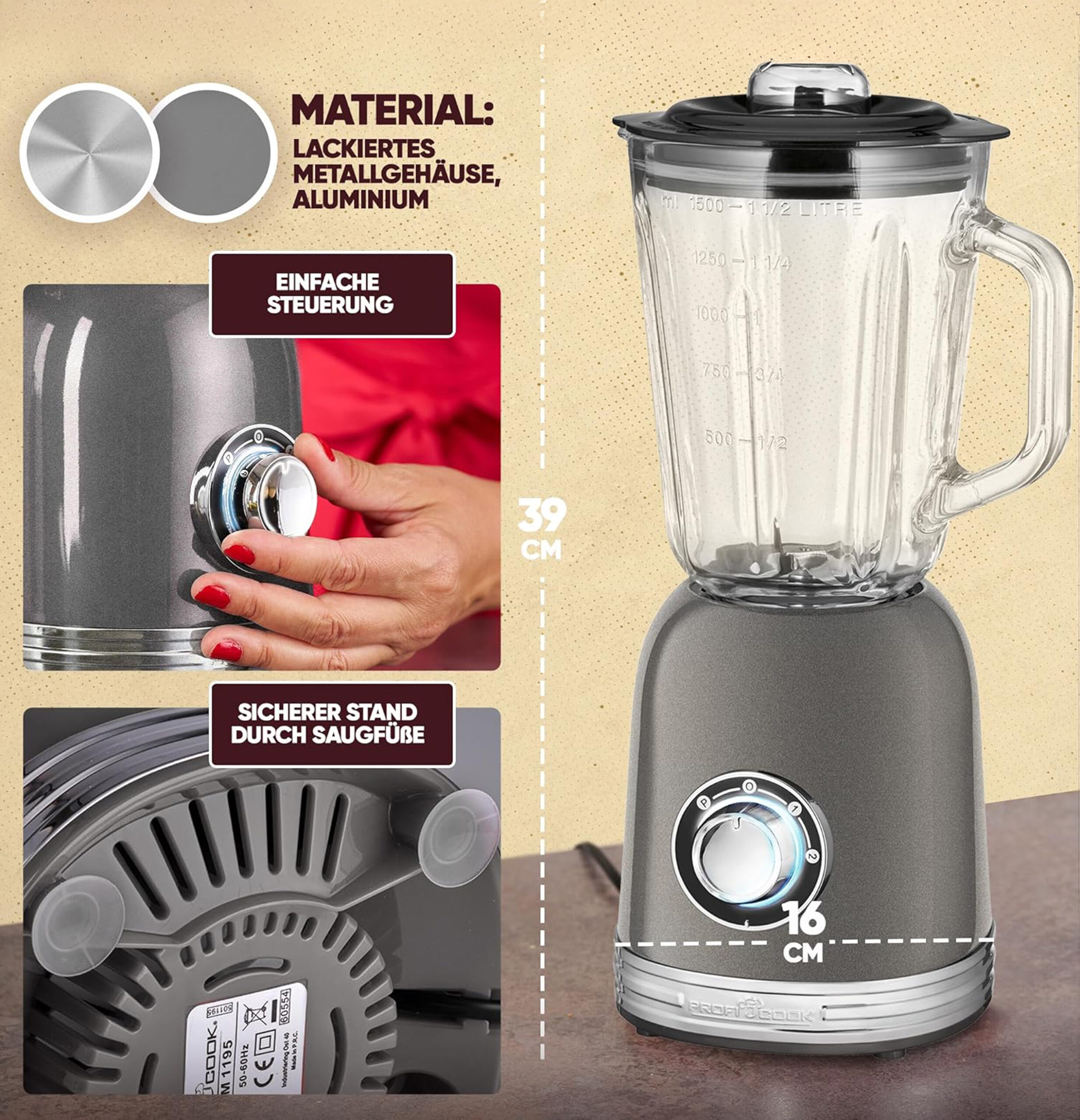 ProfiCook Blender Stand Mixer with Solid 1.5 L Glass Container-6