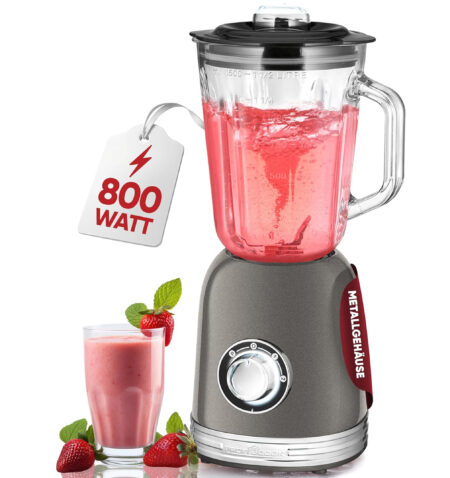 خلاط بروف كوك® ستاند ميكسر مع وعاء زجاجي متين سعة 1.5 لتر، مزود بخاصية سحق الثلج ووضع التيربو، خلاط بشفرة بيرانا 4x مصنوعة من الستانلس ستيل، خلاط عالي الأداء بهيكل معدني 800 واط، موديل PC-UM 1195 أنثراسايت.