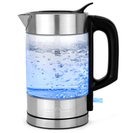 ProfiCook Stainless Steel Kettle with LED Lighting, One-Handed Operation, 1 Liter, Glass, 1600 Watts PC-WKS 1229 G