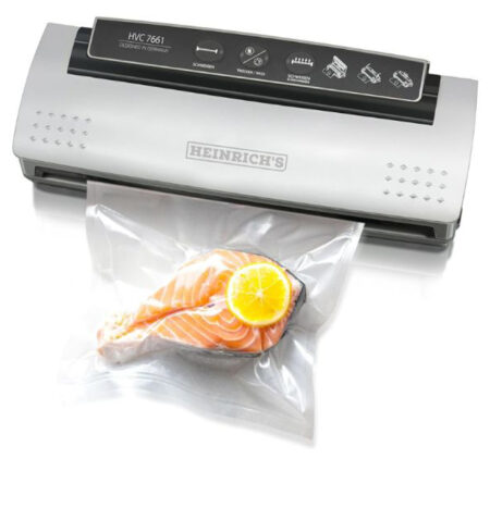 جهاز Heinrich´s Vacuum Sealer HVC 7661 – جهاز ختم وتفريغ الهواء واسع extra heavy duty مع تحكم إلكتروني في التفريغ، موفر للمساحة، يأتي مع 10 أكياس تفريغ احترافية ومحرك بقوة 120 واط.