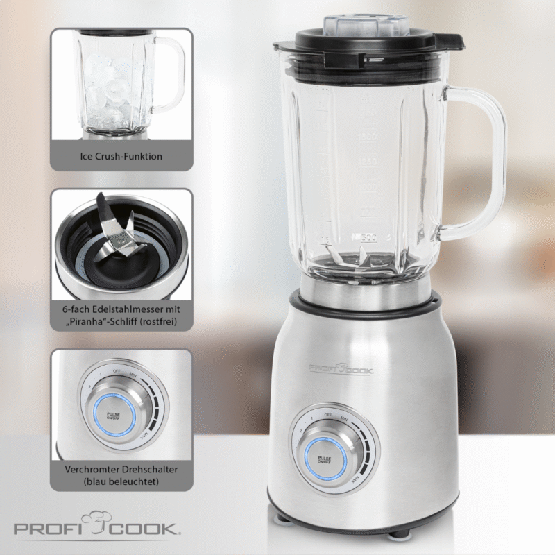 Profi Cook professional speed control 3 programs Mixer with Turbo Function, Solid Glass Container with Scale, 1.75 Litre Mixing Container, 6-Way Stainless Steel Knife, Stainless Steel PC-UM 1207 - Image 4