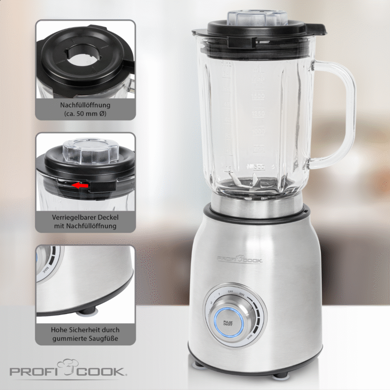 Profi Cook professional speed control 3 programs Mixer with Turbo Function, Solid Glass Container with Scale, 1.75 Litre Mixing Container, 6-Way Stainless Steel Knife, Stainless Steel PC-UM 1207 - Image 5