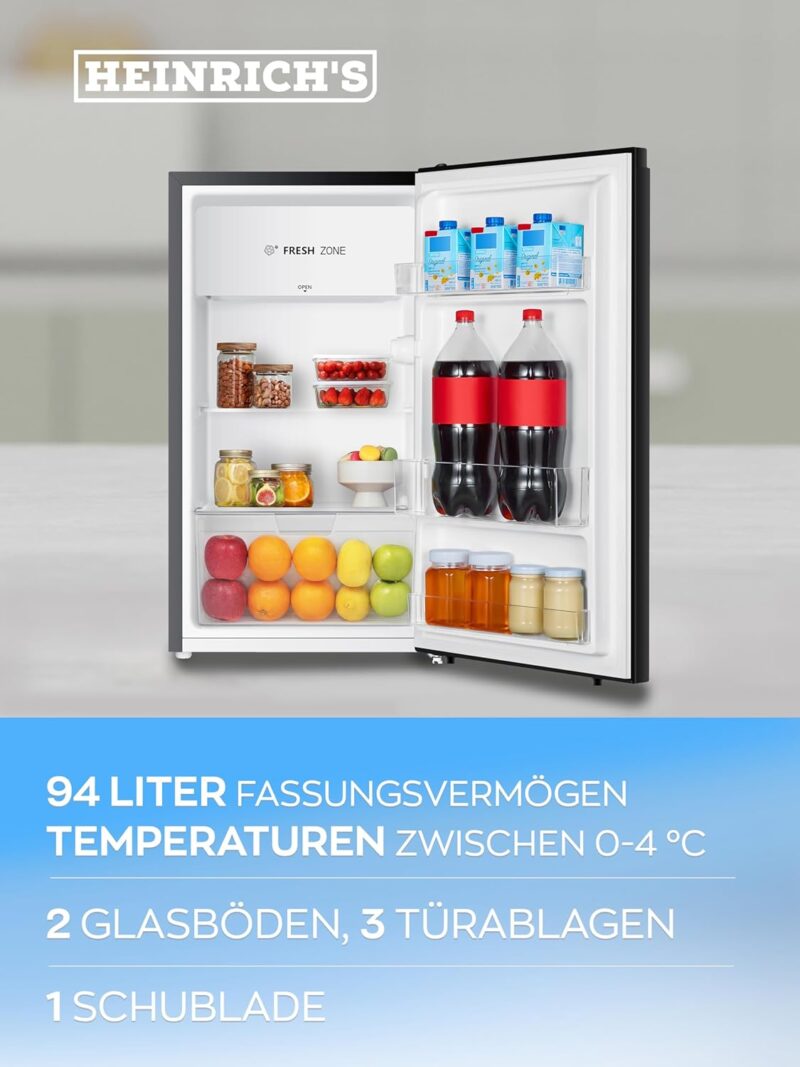 HEINRICHS Drinks Fridge 94L Small Compact Quiet: 36 dB Mini Bar, Table Fridge with 7 Temperature Levels, Mini Fridge Freestanding, Perfect for Office, Camping, Garden, Outdoor, Black [Energy Class E] - Image 7