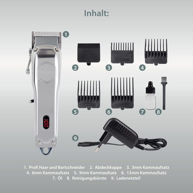 ماكينة حلاقة شعر ولحية للرجال **ProfiCare® PC-HSM/R 3100** احترافية، مزودة بـ **4 أمشاط قابلة للإزالة** ووظيفة ترقيق الشعر بـ **3 مستويات**، مع خاصية **Direct Drive** للحلاقة المباشرة.