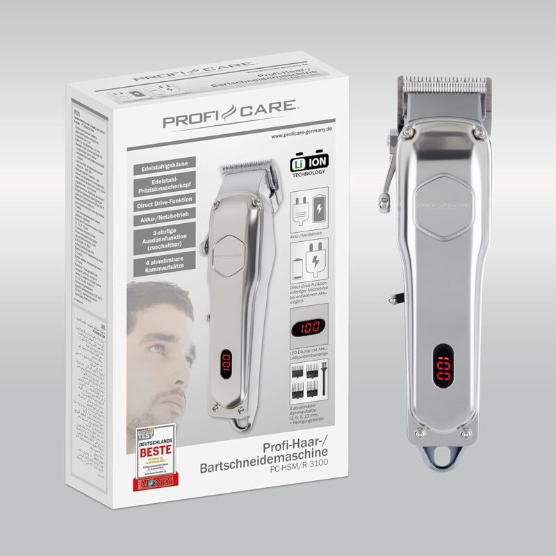 ⁦ماكينة حلاقة شعر ولحية للرجال **ProfiCare® PC-HSM/R 3100** احترافية، مزودة بـ **4 أمشاط قابلة للإزالة** ووظيفة ترقيق الشعر بـ **3 مستويات**، مع خاصية **Direct Drive** للحلاقة المباشرة.⁩ - الصورة ⁦2⁩