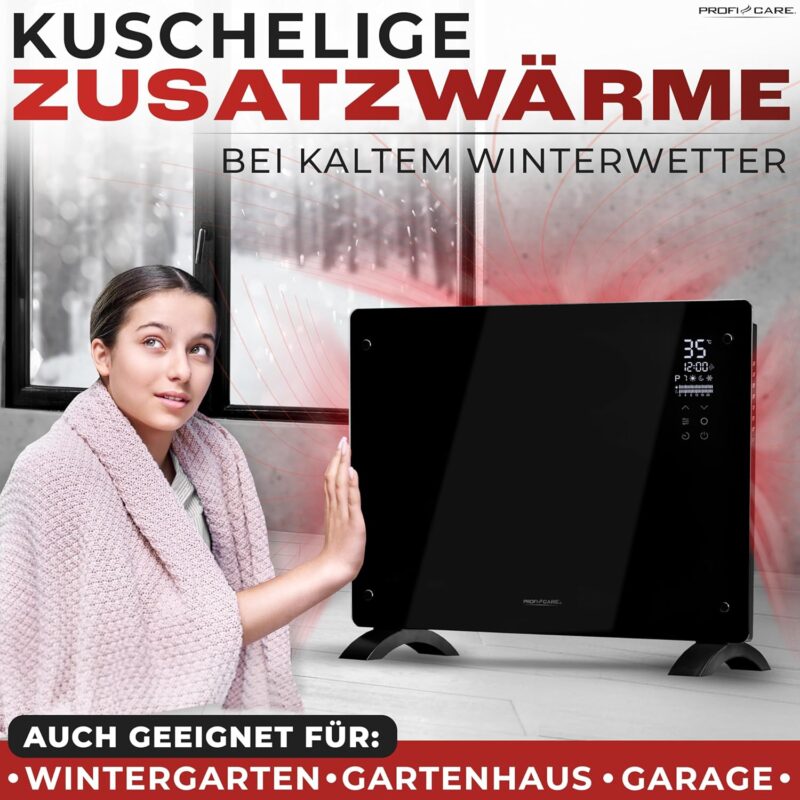 ⁦مدفأة زجاجية Convector من ProfiCare، موديل PC-GKH 3118 باللون الأسود⁩ - الصورة ⁦5⁩