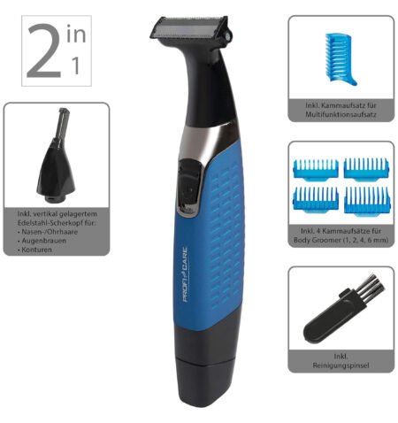 ProfiCare PC-BHT 3074 Electric Body Hair Trimmer, Nose Hair Trimmer, Ear Hair Trimmer, Shaver, 2-in-1 Trimmer/Styler/Razor and Nose/Ear Hair Remover, for Wet and Dry Application, Blue/Black