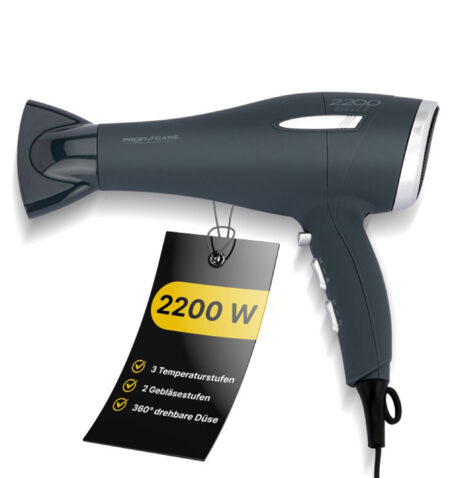ProfiCare PC-HT 3045 Professional Hair Dryer, Hair Dryer with Soft-Touch Housing and Overheating Protection, Cool Shot, 3 Power Levels, Includes 2 Replacement Filters, 2200 Watt, Anthracite/Silver